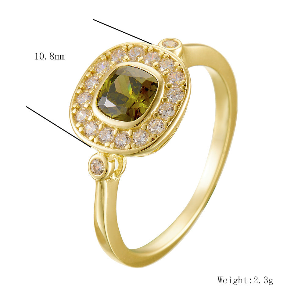 S925 Sterling Silver Oval Olive Green Zircon Ring Retro Index Finger Tail Ring
