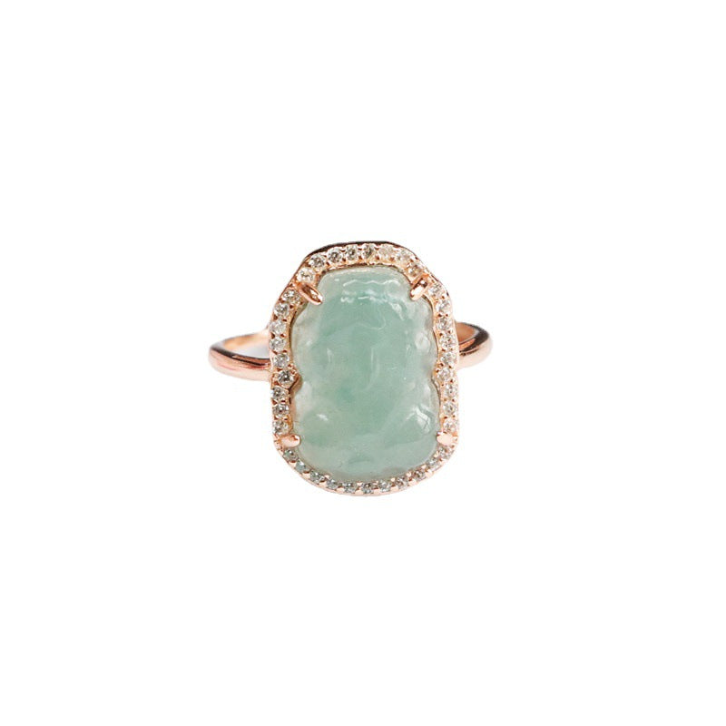 Natural Ice Blue Green Jade Pixiu Sterling Silver Ring