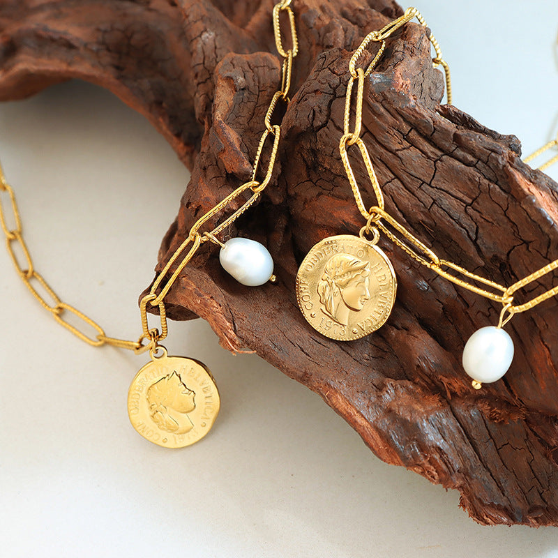 Retro Portrait Round Freshwater Pearl Pendant Necklace - Everyday Genie Collection