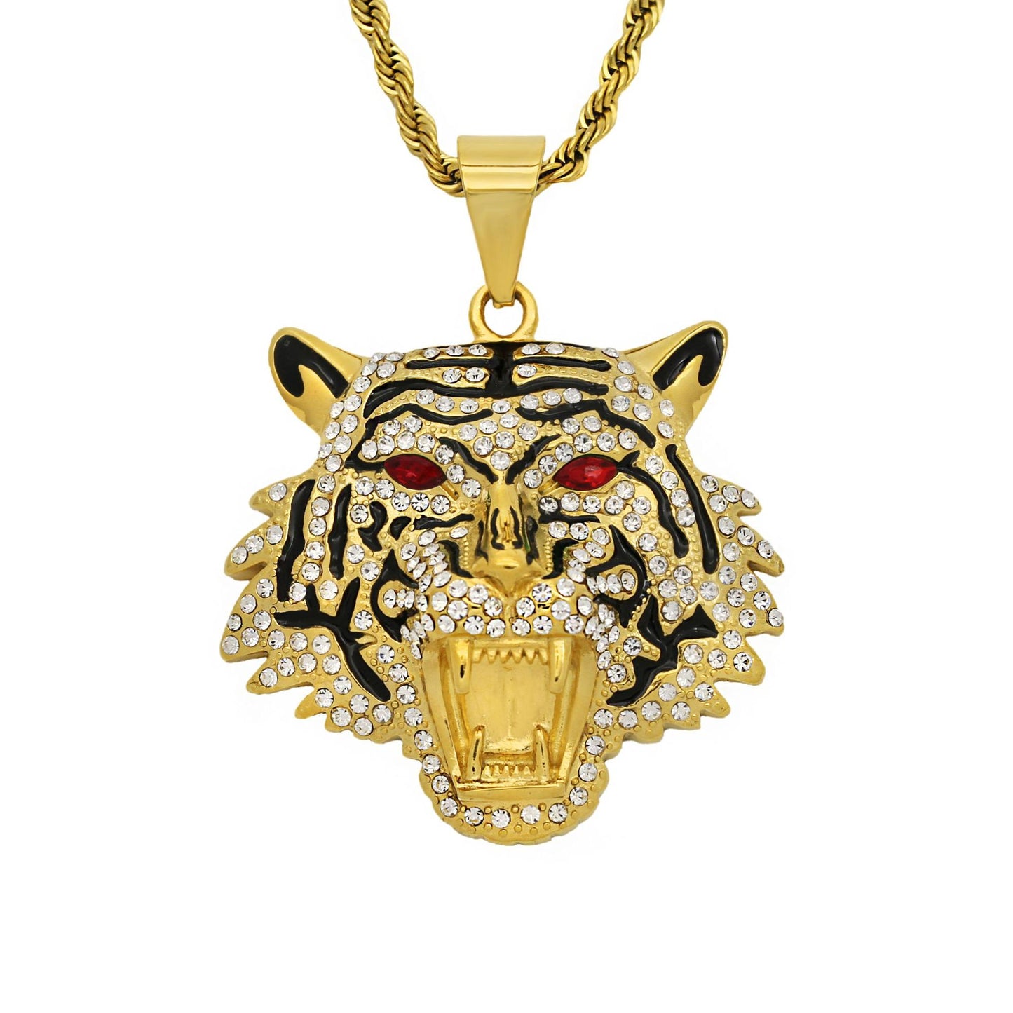 Planderful Hip Hop Bottle Opener Necklace Unisex Titanium Gold Plated Zircon Bold Tiger Head Pendant