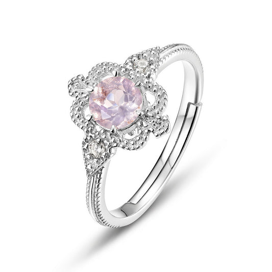 Round Cut Pink Crystal Vintage Flower Opening Silver Ring