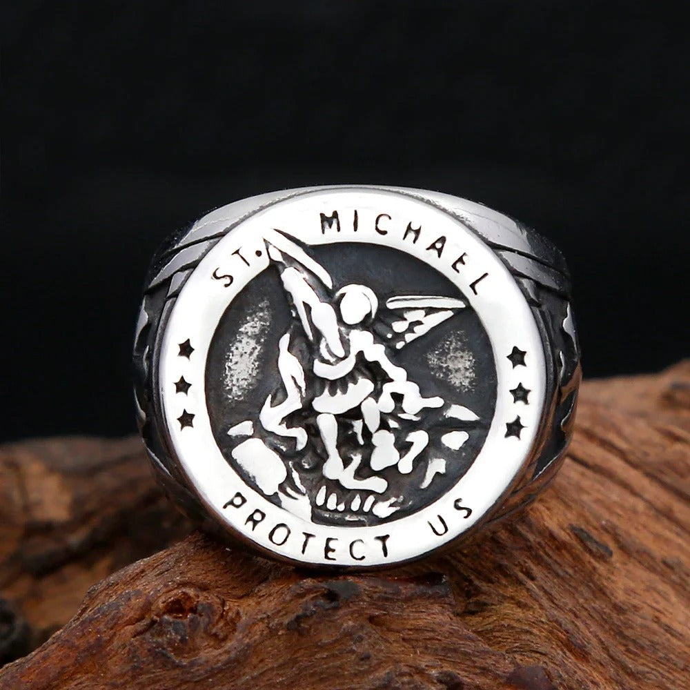 Planderful Archangel Michael Titanium Steel Ring With Angel Wings Cross For Men Mythic God Of War Design