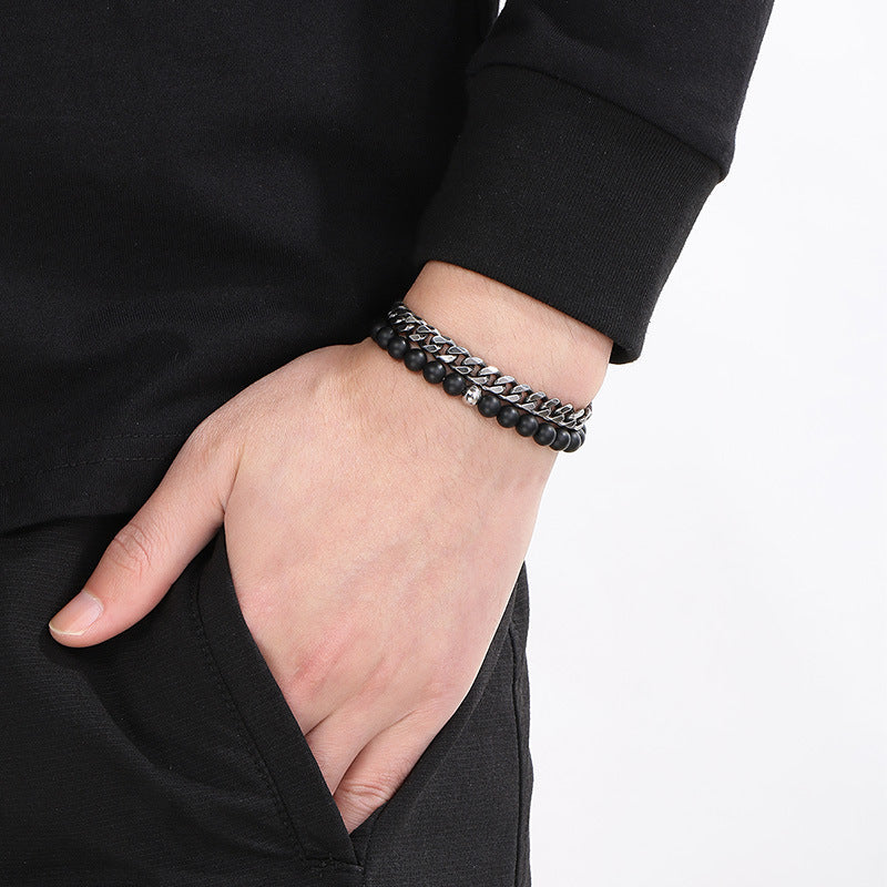 Planderful Mens Beaded Bracelet Black Agate Double Layer