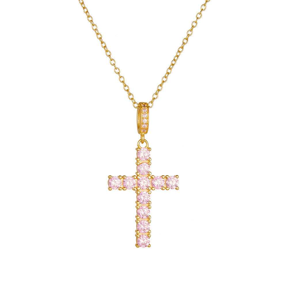 Hip Hop Cross Necklace 925 Sterling Silver Hipster Pink Zircon Pendant