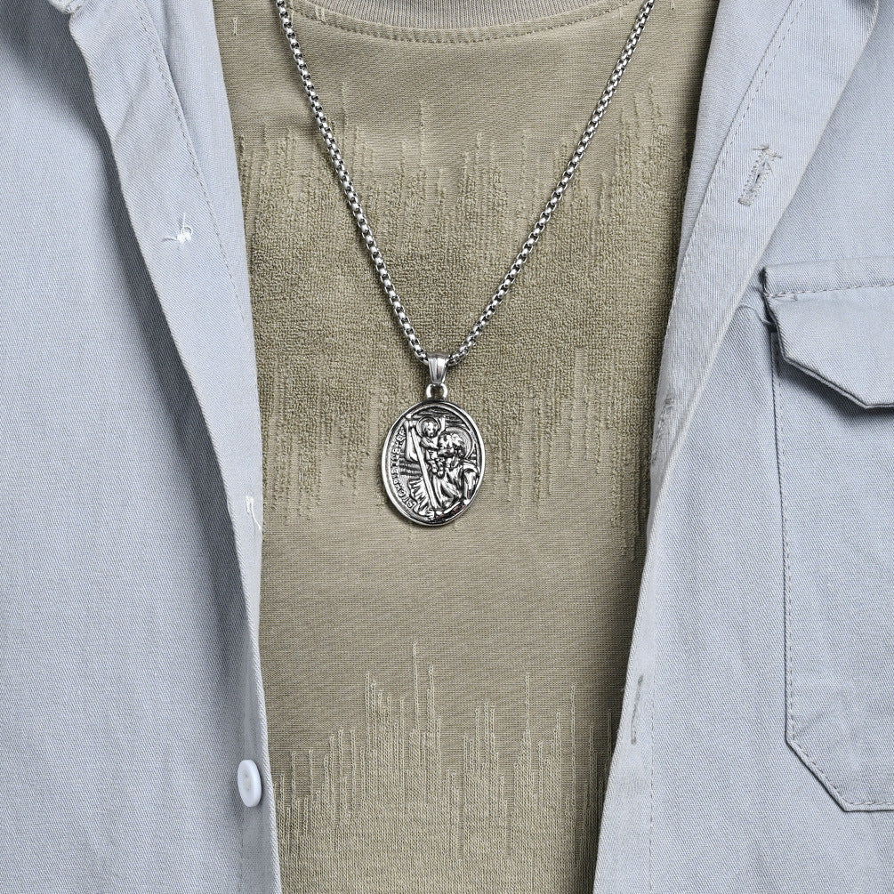 Planderful St Christopher Necklace For Men Titanium Steel Pendant Retro Literary Style Everyday Genie