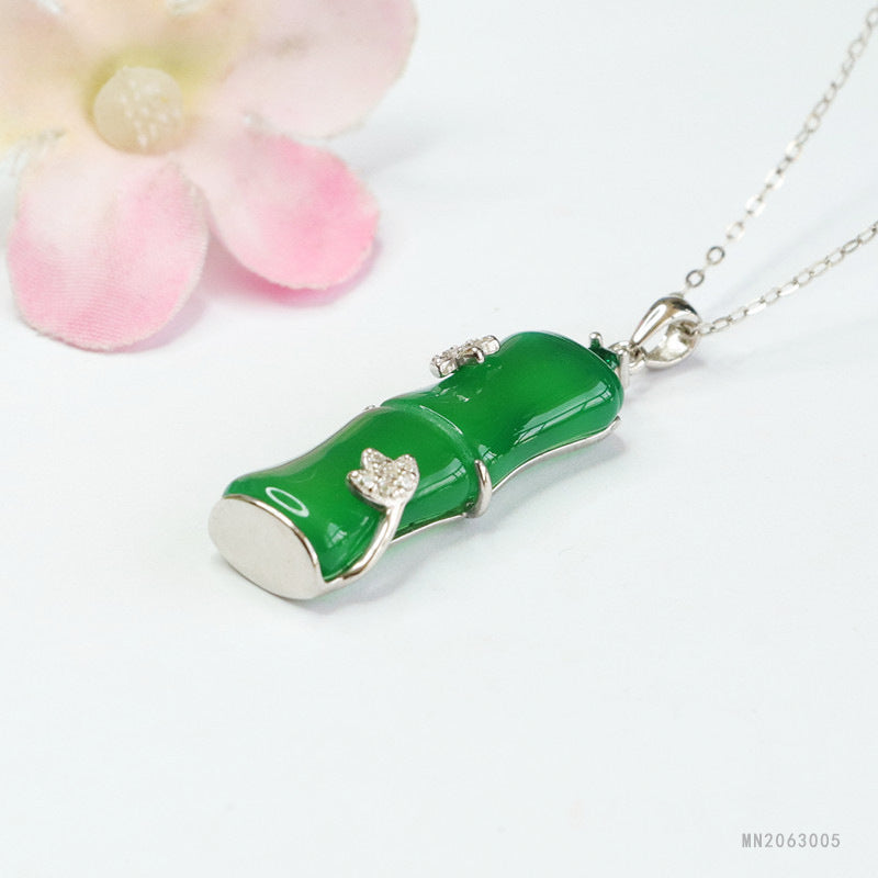 Green Chalcedony Bamboo Silver Pendant — No Chain