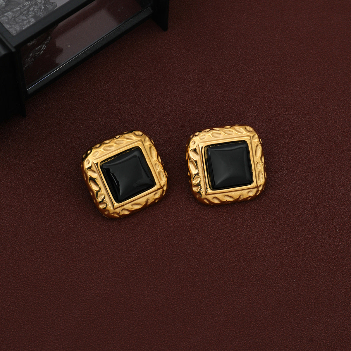 Planderful Vienna Verve Vintage Square Gemstone Earrings Stainless Steel Hammer Pattern Statement For Her