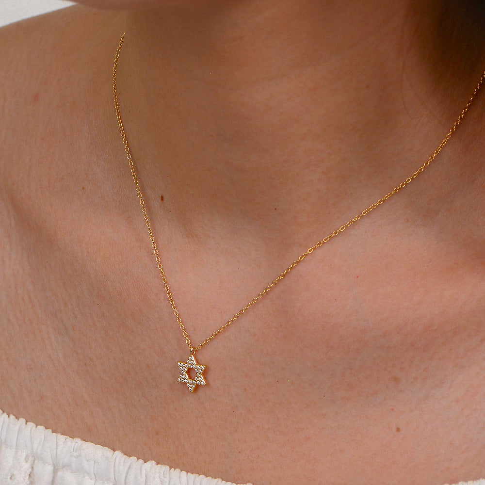 Planderful Sterling Silver Zircon Star Necklace For Women Luxurious Six Point Pendant With Micro Inlaid Stones