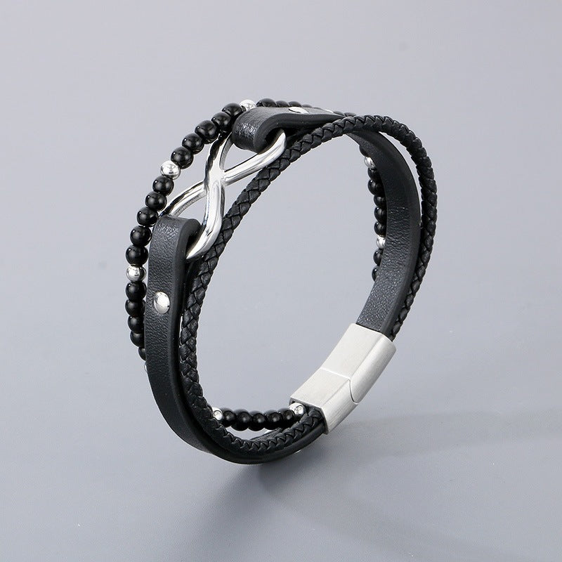Multi-Layer Woven Leather Rope Men's Bracelet – Titanium Steel Figure-Eight Infinity