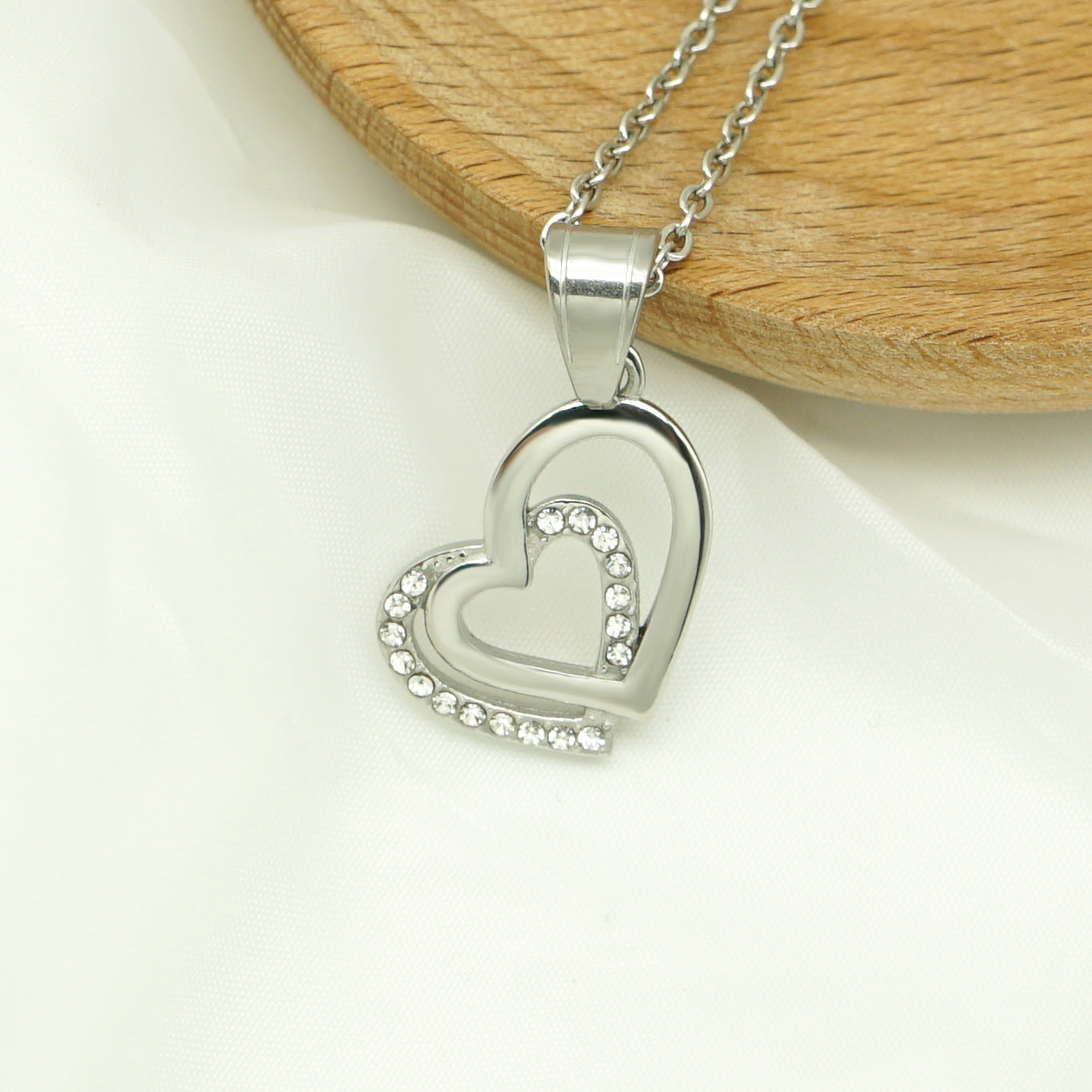 Planderful Double Heart Necklace Titanium Steel Pendant With Zircon For Her Elegant Versatile Gift