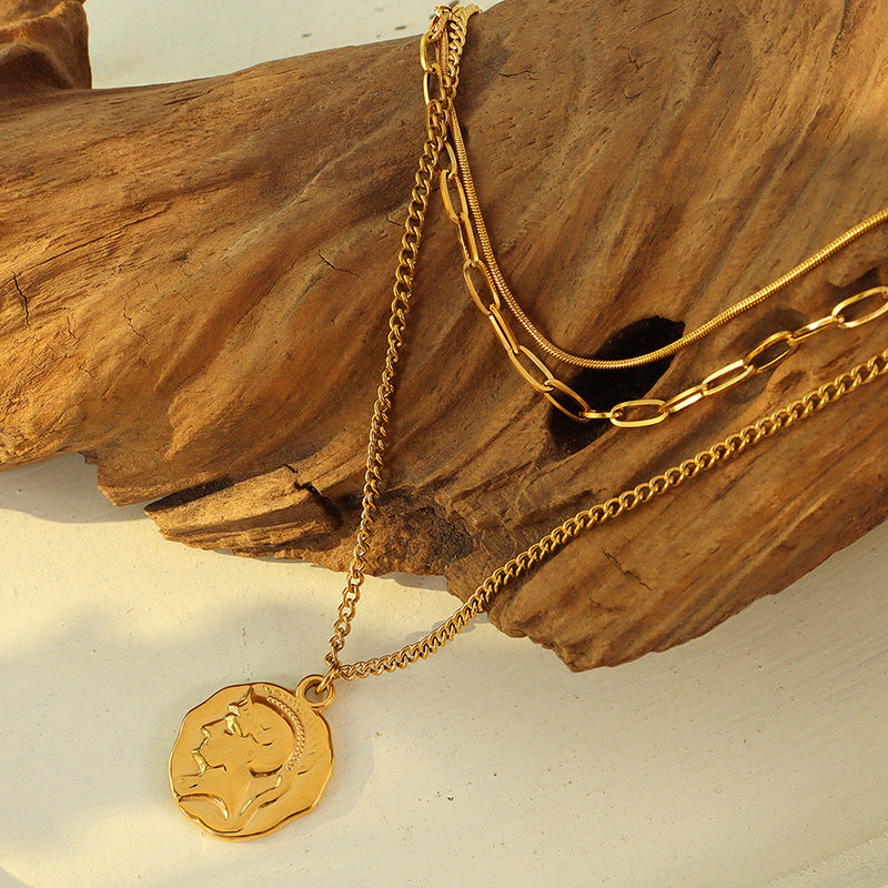 Exaggerated Hip-Hop Portrait Pendant Gold Necklace - Female Ins Wind Clavicle Chain