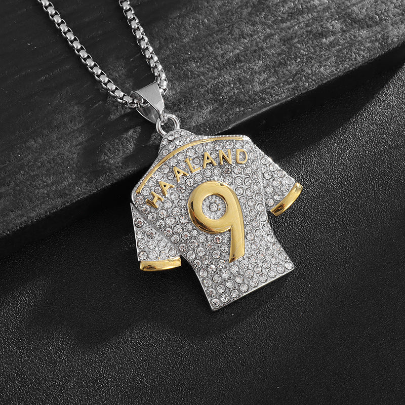 Planderful Bold Hip Hop Necklace Titanium Steel Gold Plated Zircon Football Jersey No 9 Pendant For Men