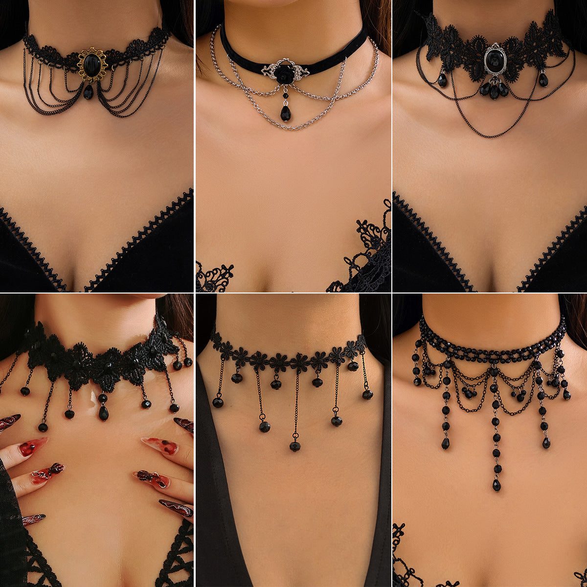 Gothic Lolita Necklace with Tassel Detail and Lace Collar