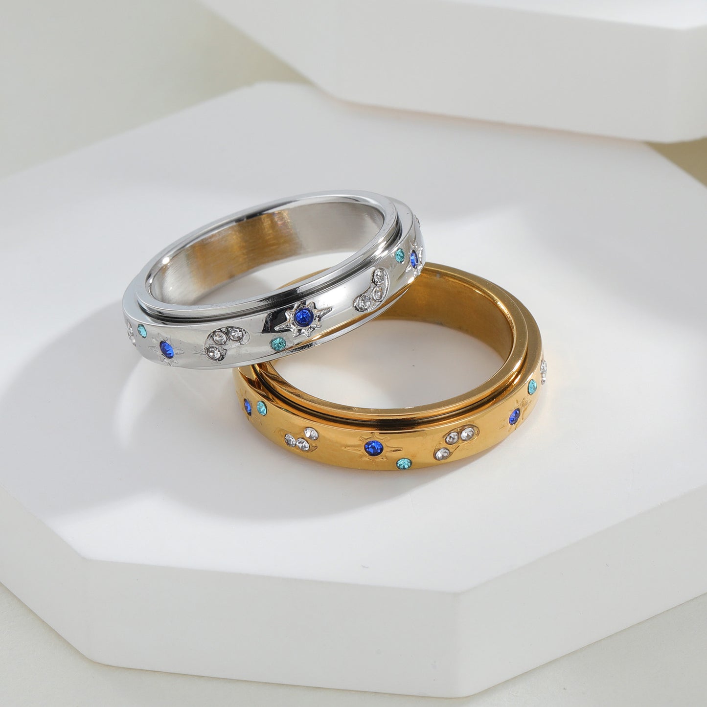 Rotatable Decompression Ring Sun Moon Color Zircon Planderful For Women Ring With Starry Sky Design