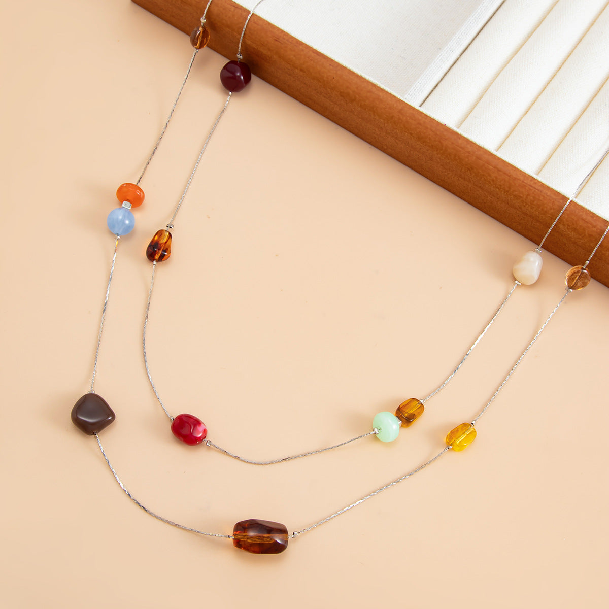 Retro Color Beaded Thin Chain Necklace Holiday Style Double-Layer Mixed Color Long