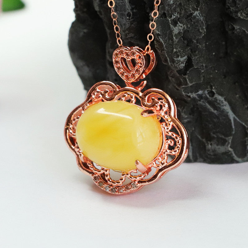 Ruyi Rose Gold Necklace with Sterling Silver Beeswax Amber Pendant