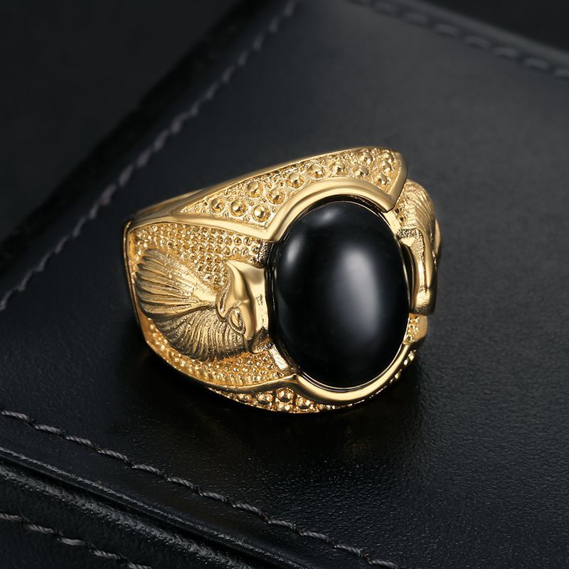 Planderful Collection Hip Hop Ring Gold Plated Rhinestone Opal Stainless Steel Eagle Mens