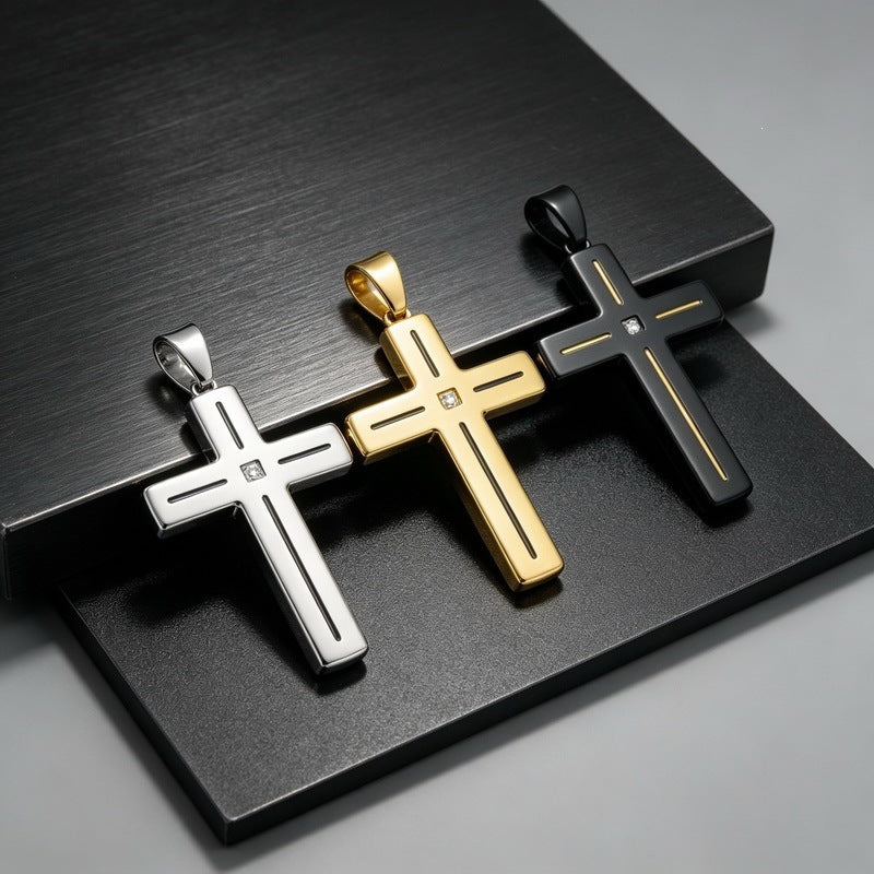 Popular Slotted Line Zircon Cross Titanium Steel Pendant Retro Contrasting Color Stainless Steel Necklace