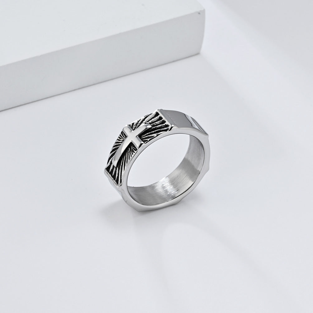 Cross-Border Retro Titanium Steel Cross Ring for Men