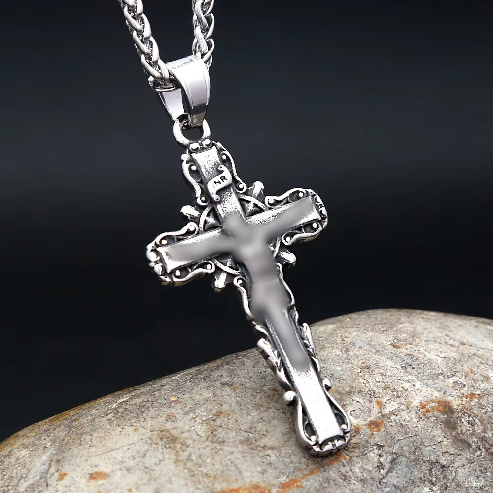 Planderful Cross Pendant Necklace For Men Durable Stainless Steel Retro European Style Hip Hop Jewelry
