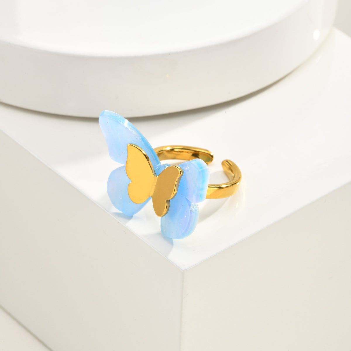 Cold Style Stainless Steel Blue Butterfly Double-Layer Open Ring