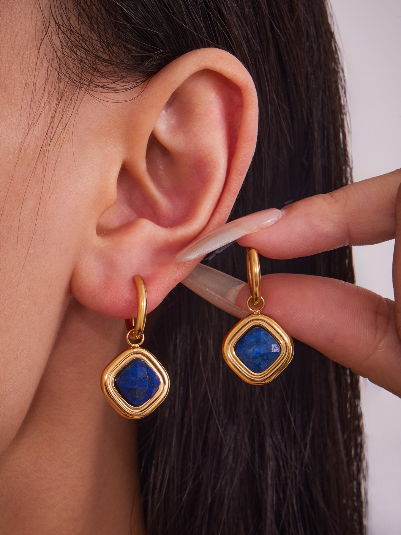 Planderful Lapis Rhombus Earrings Women Gold Plated