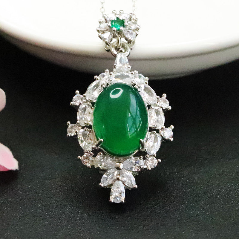 Green Chalcedony Zircon Necklace with Sterling Silver Chain