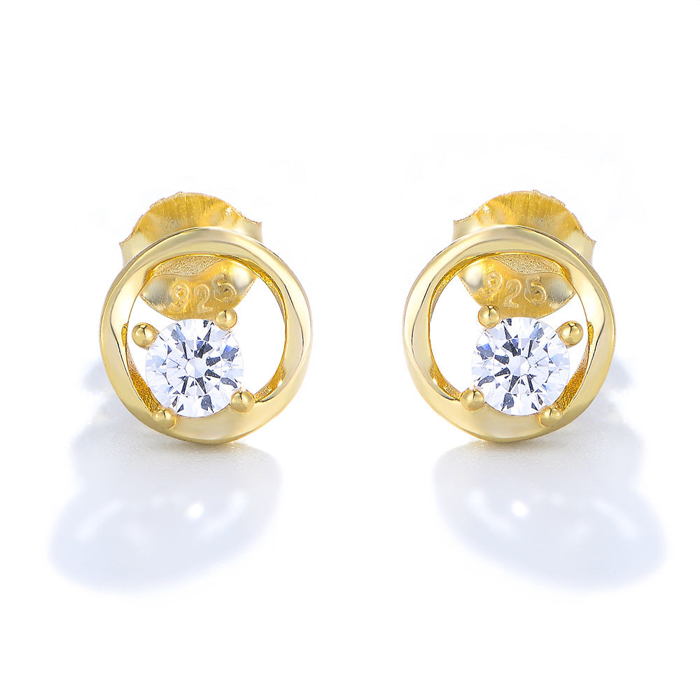 S925 Sterling Silver Geometric Round Hollow Zircon Earrings Femininity High-End Stud Earrings