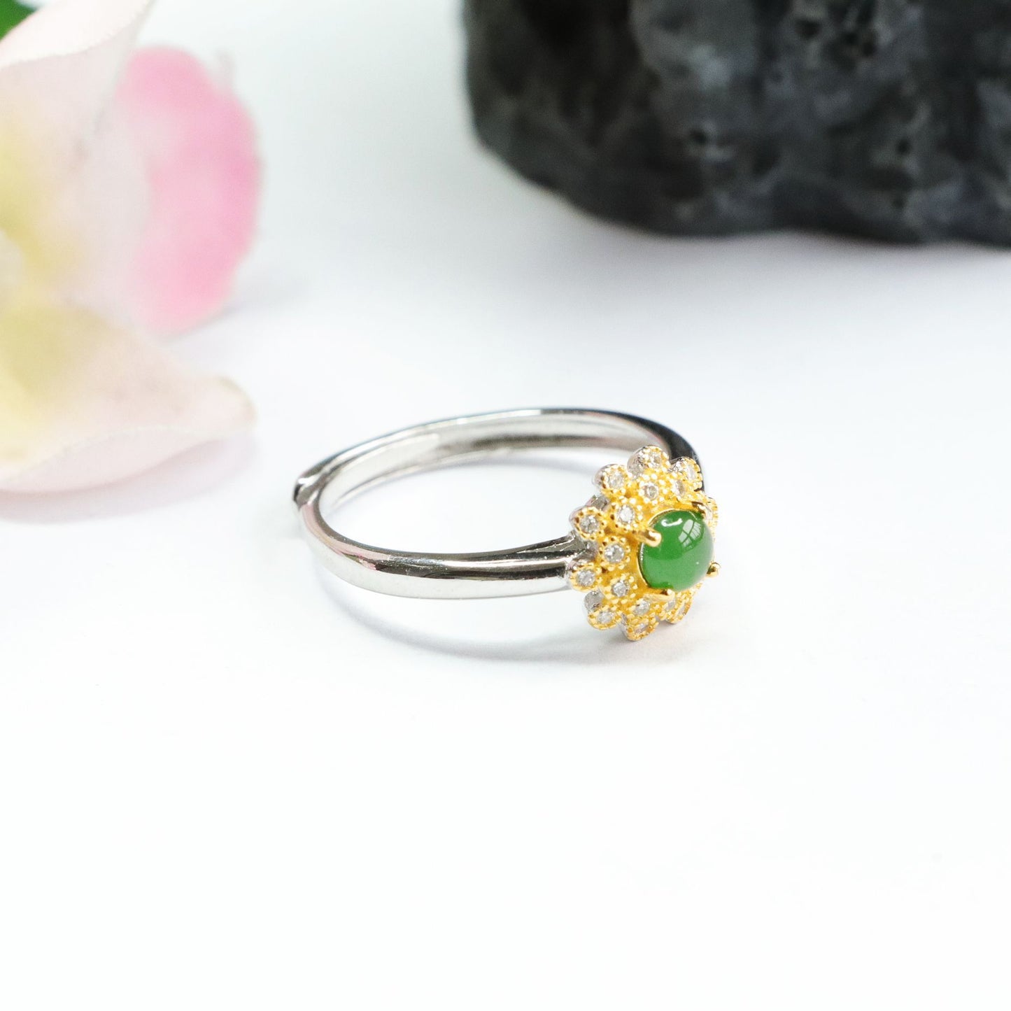 Ice Emperor Green Jade Sterling Silver Ring with Golden Daisy