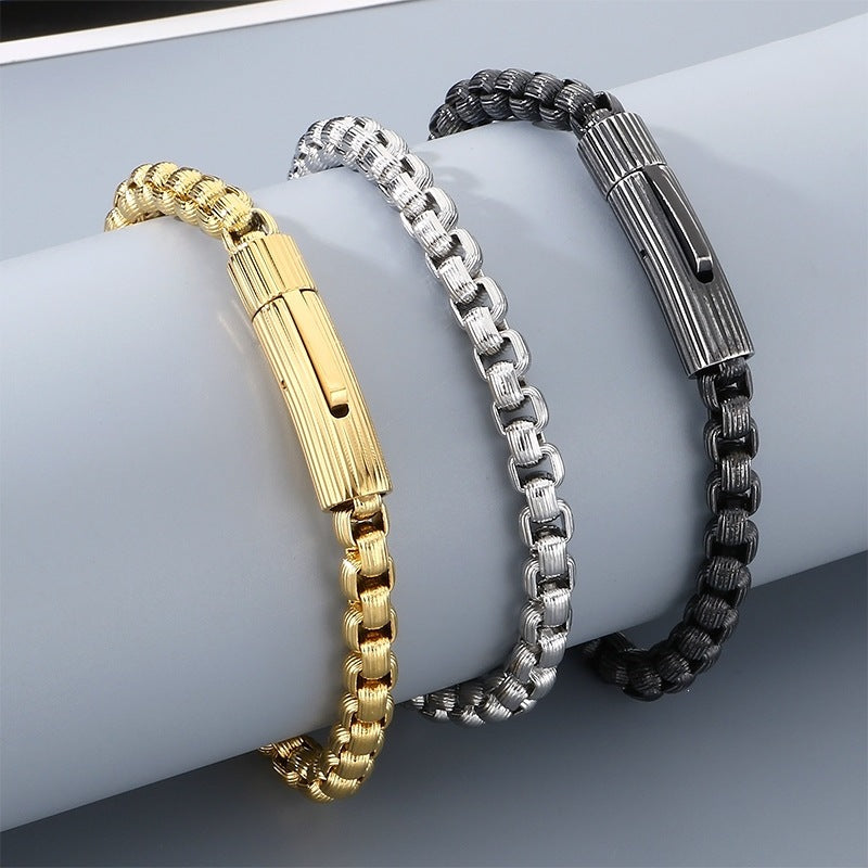 Wind Niche Design Stainless Steel Vertical Pattern Square Pearl Round Buckle Bracelet