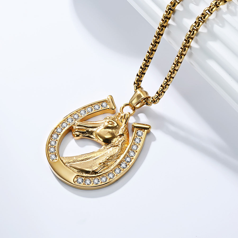 Planderful Horseshoe Zircon Necklace For Men Titanium Steel Gold Plated Horse Head Pendant Hip Hop Sweater Chain