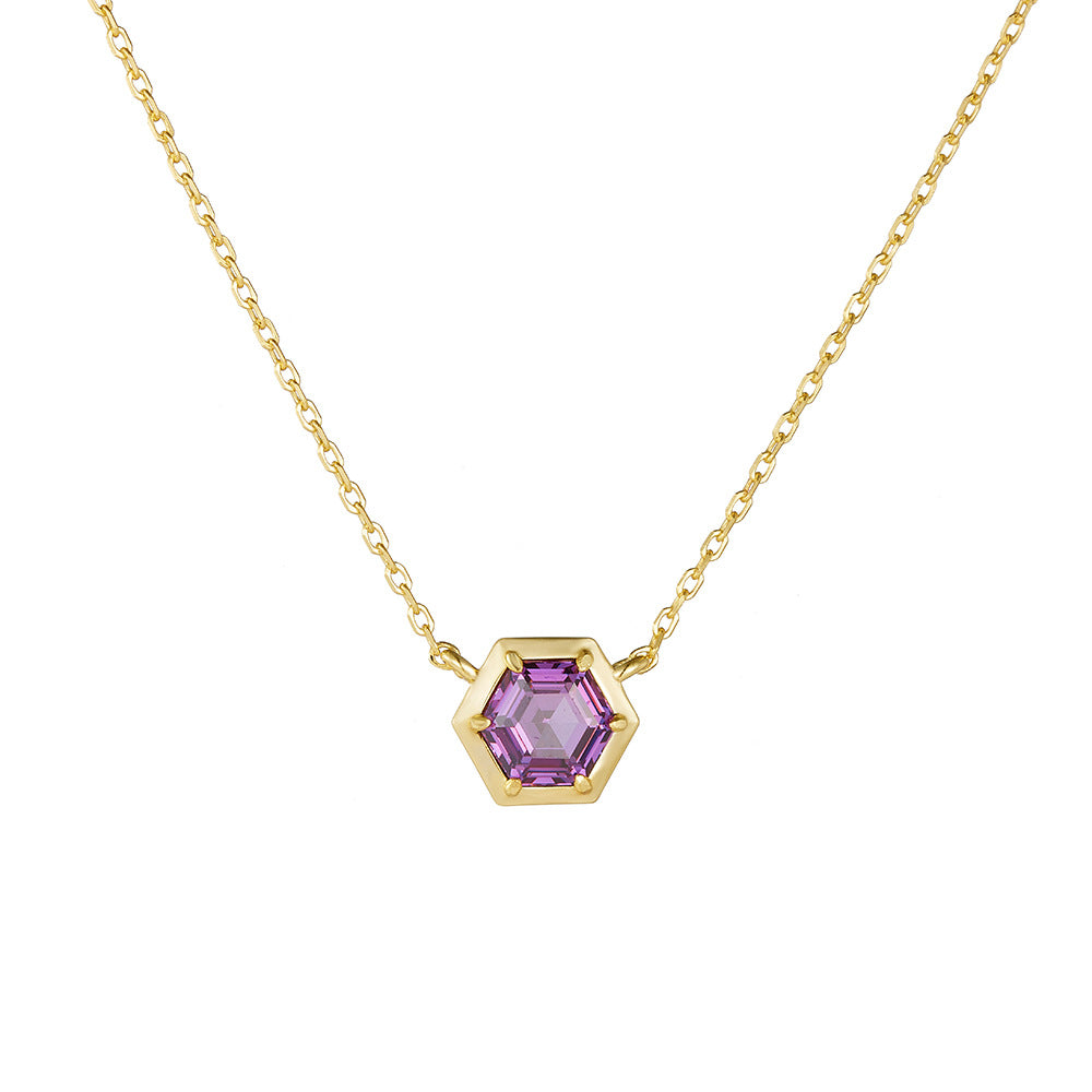 925 Pure Silver Hexagonal Amethyst Zircon Pendant Necklace, Geometric Colored Gemstone