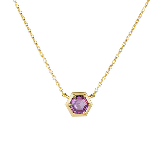 925 Pure Silver Hexagonal Amethyst Zircon Pendant Necklace, Geometric Colored Gemstone