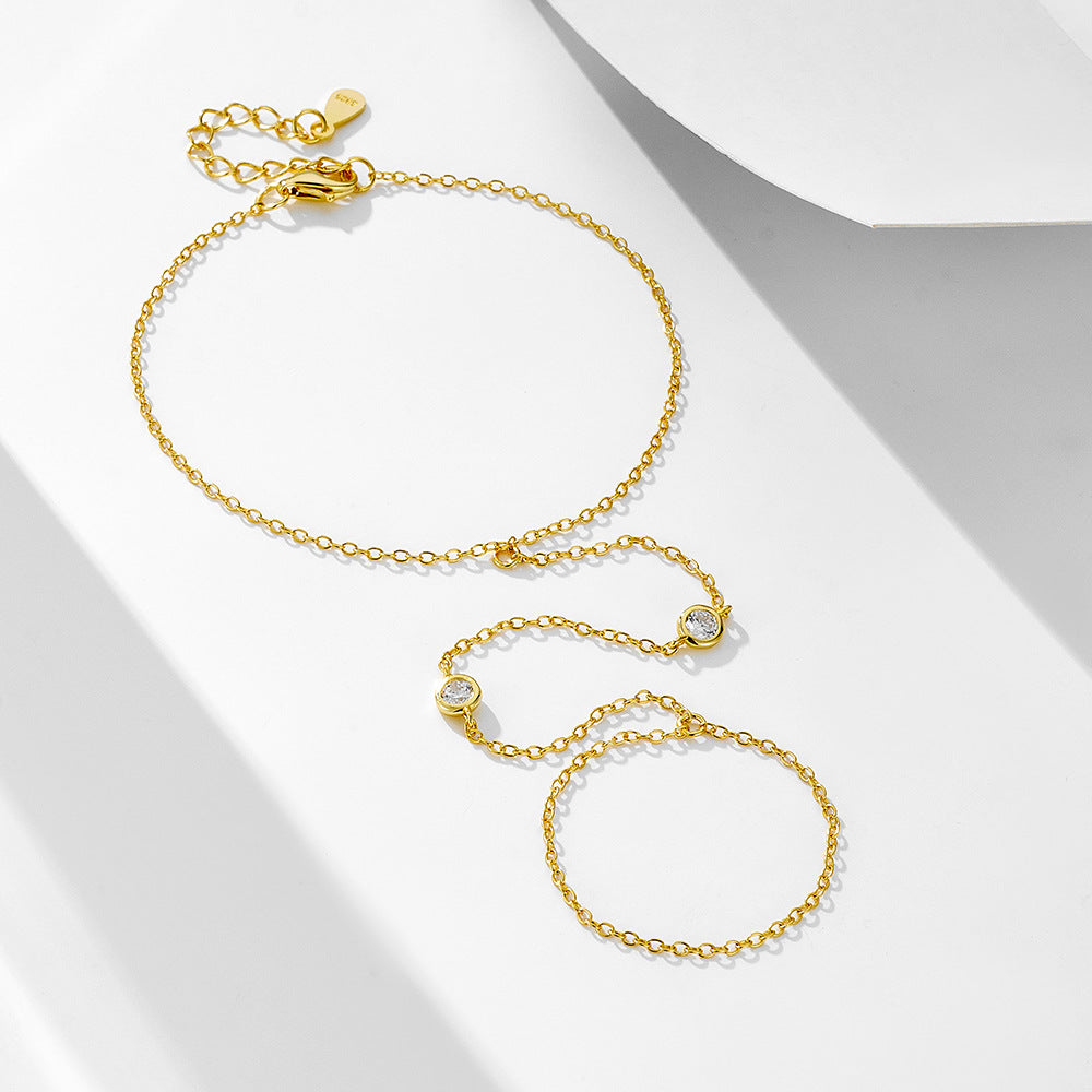 S925 Sterling Silver Round Zircon Finger Chain Bracelet