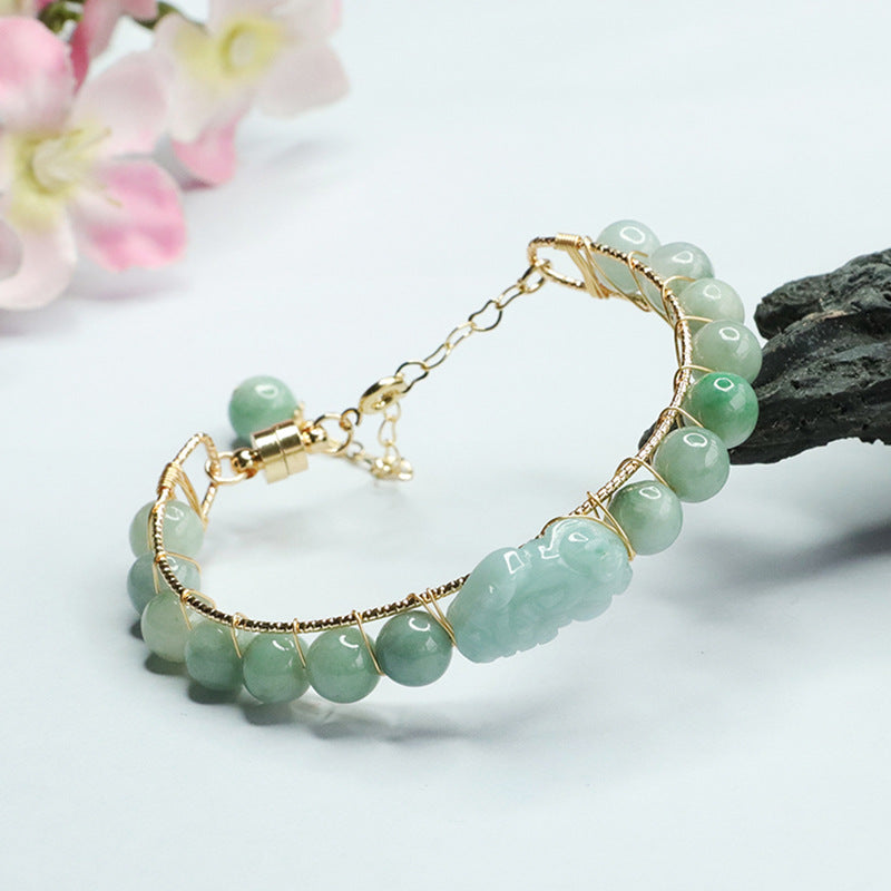 Jade Pixiu Sterling Silver Bracelet with Natural A-grade Jade Ball
