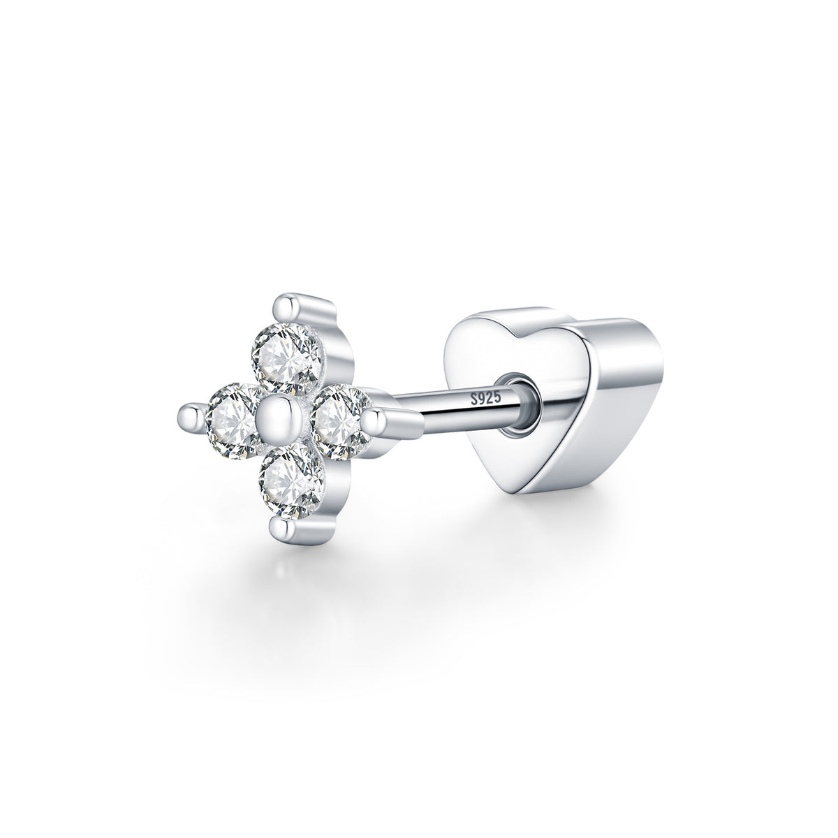 925 Sterling Silver Clover Heart Moissanite Threaded Stud Earring