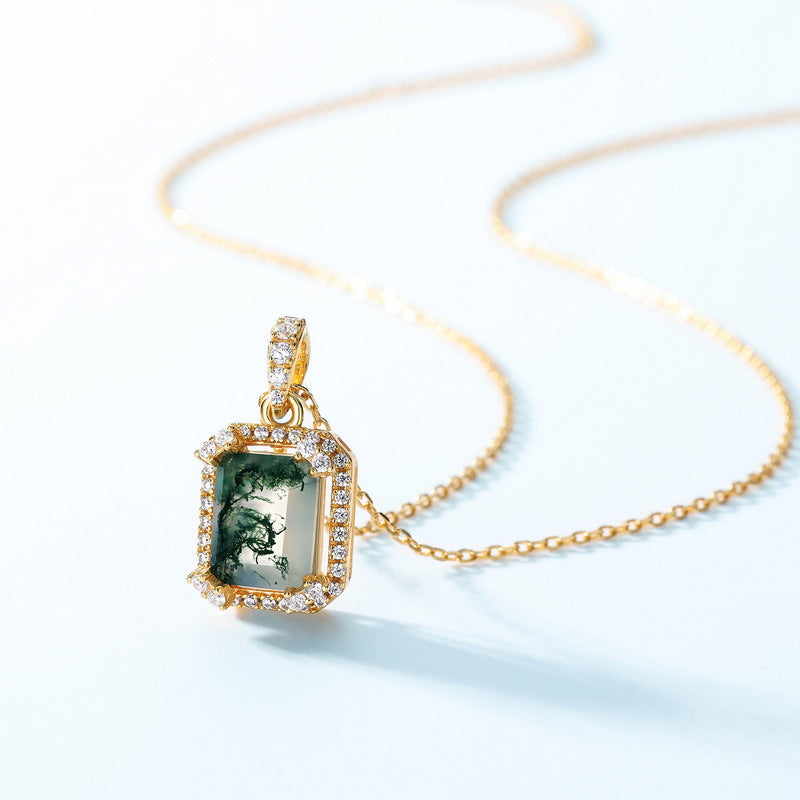 S925 Sterling Silver Moss Agate Pendant Necklace
