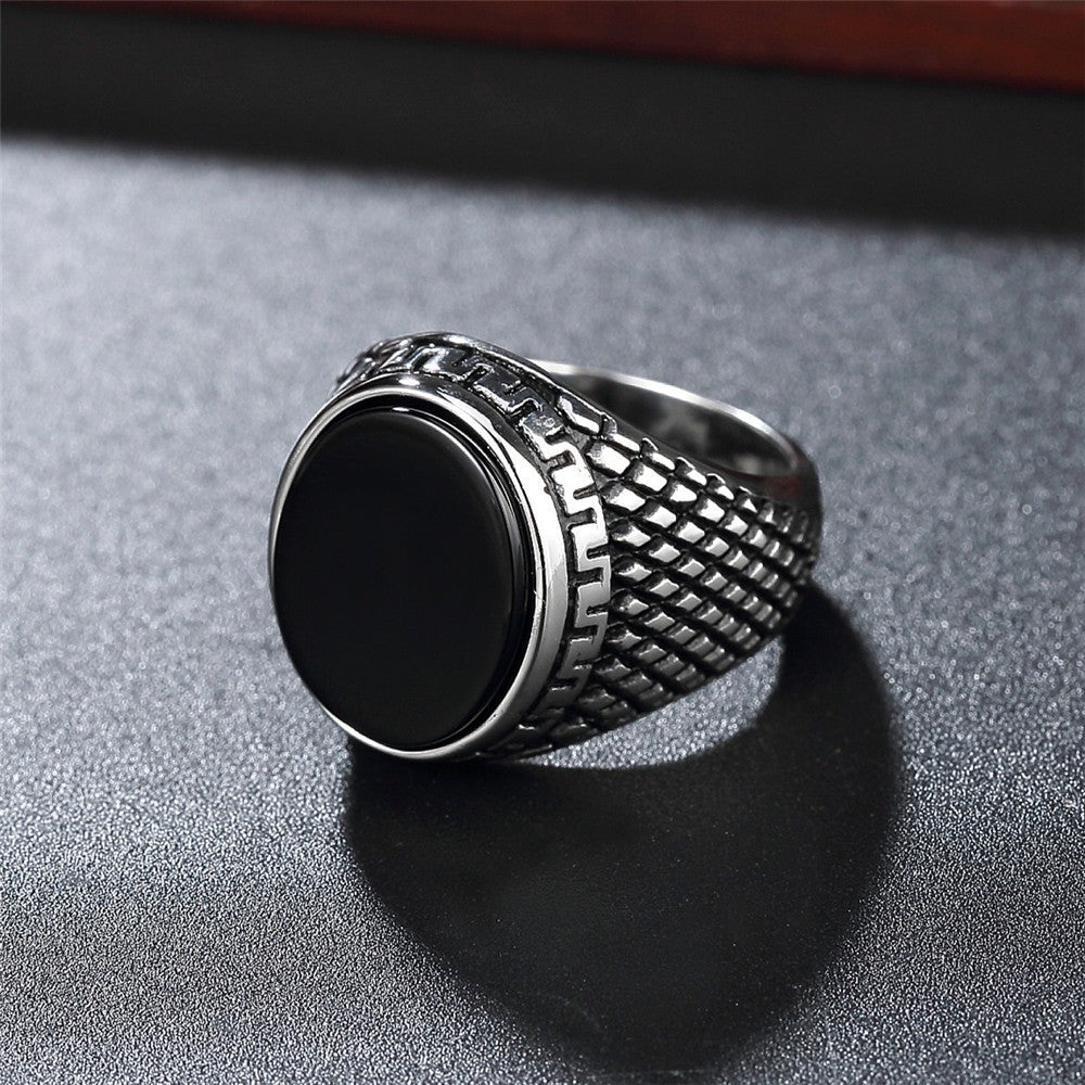 Planderful Unisex Stainless Steel Ring With Round Gemstone Retro European American Design Protection Statement