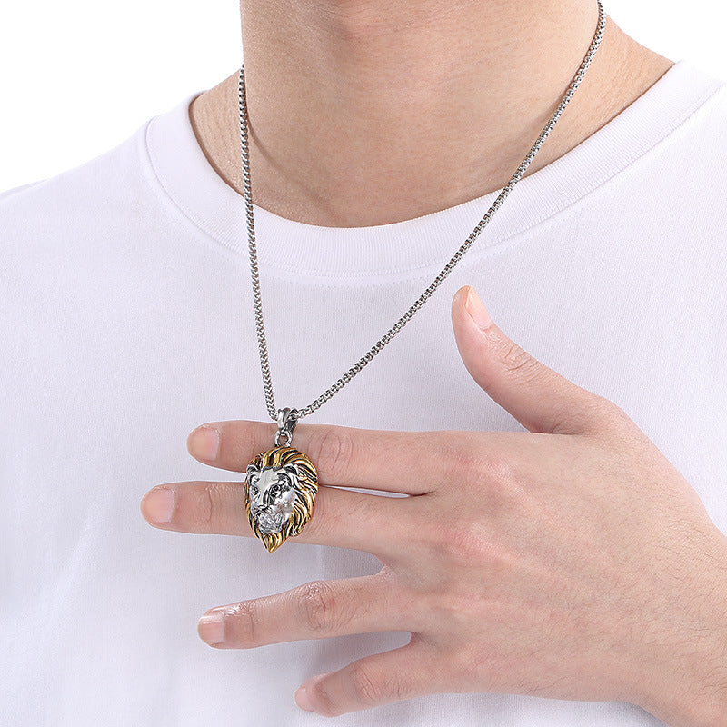 Planderful Lion Head Zircon Pendant Steel Mens Necklace