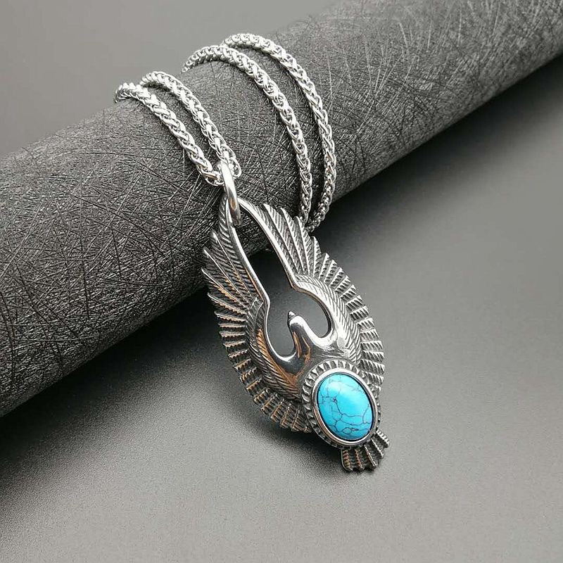 Planderful Polished Turquoise Eagle Titanium Steel Pendant Necklace Unisex Punk Retro Style