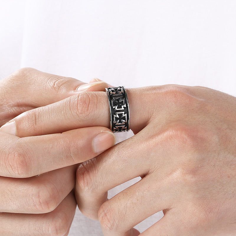 Retro Sun And Moon Tonghui Stainless Steel Ring, Punk Cross Star Moon Stainless