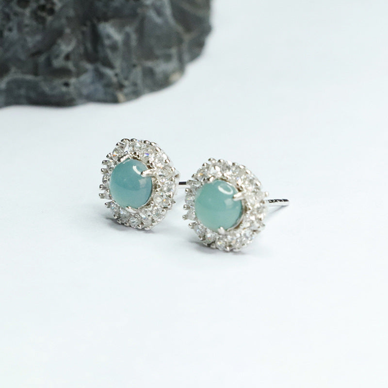Icy Blue Jadeite Cabochon 925 Silver Stud Earrings