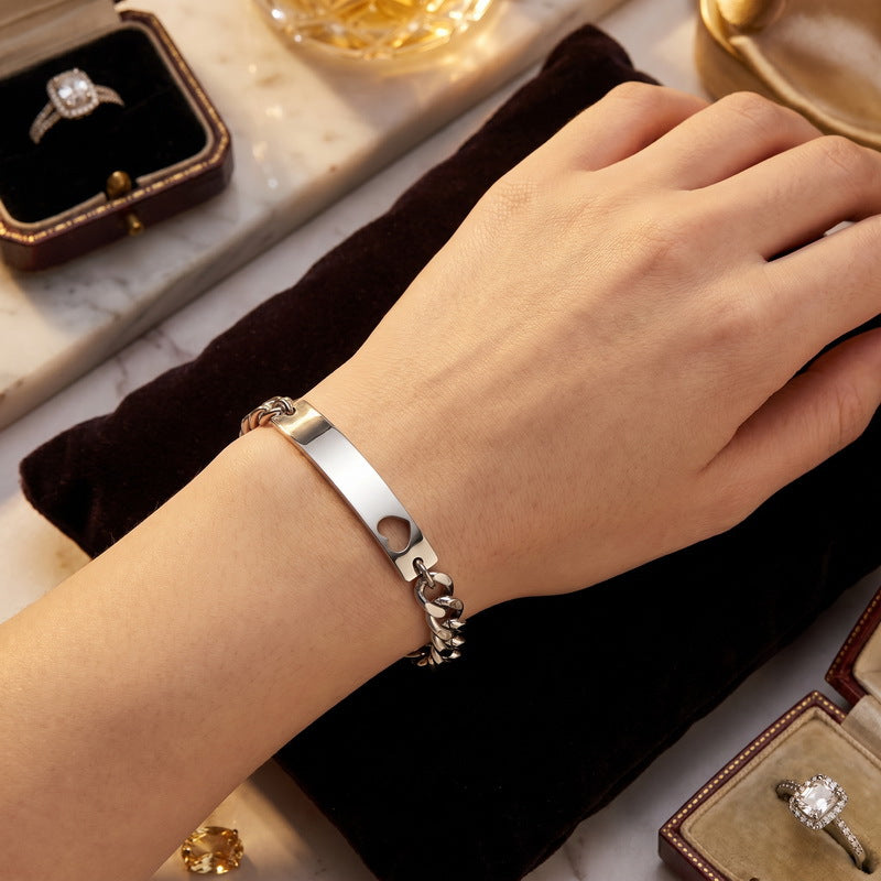 Love Curved Bar Neutral Style Bracelet Layered Cuban Chain Heart-Shaped Titanium Steel