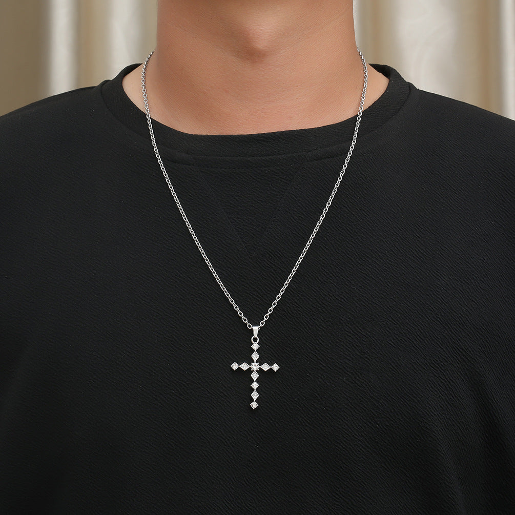 Cross-Border Amazon Light Luxury Zircon Titanium Steel Cross Necklace