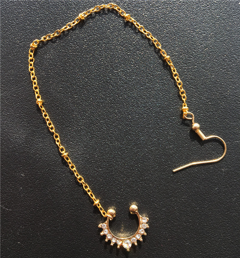 Sparkling Rhinestone Non-Piercing Nose Ring with Chain and Ear Support - Vienna Verve Collection