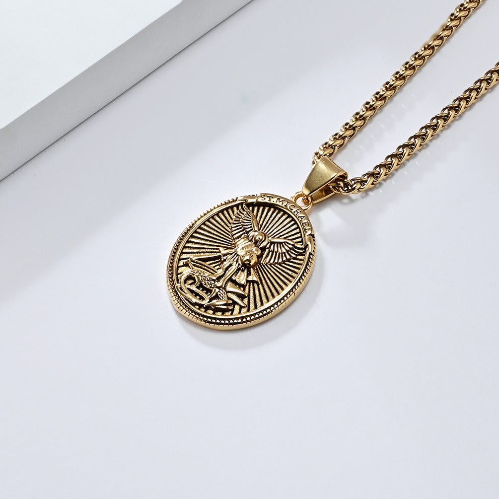 Steel Necklace - Vintage Archangel Oval Pendant For Everyday Wear And Spiritual Symbol Jewelry By Planderful