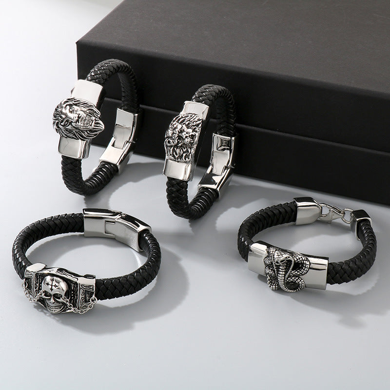 Two-Layer Leather Woven Bracelet – Casting Lion Head Snake Head Ghost Head Titanium