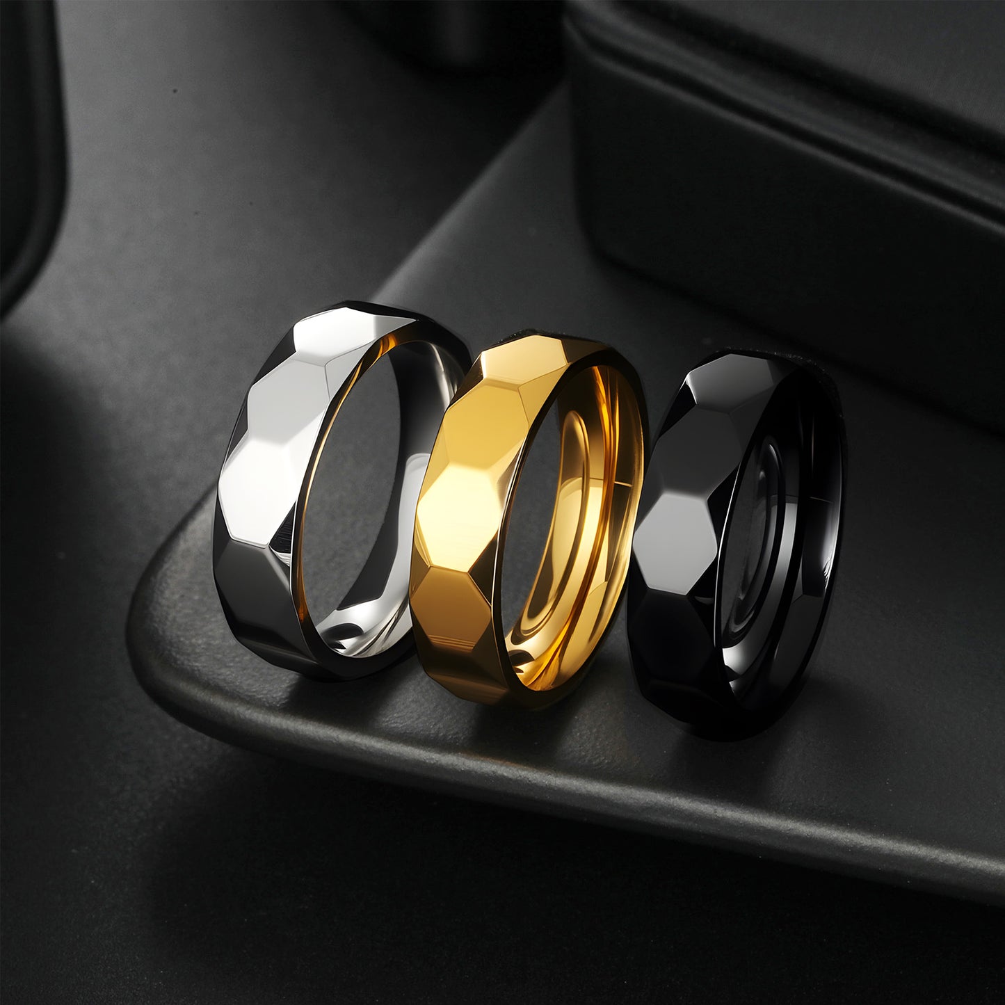 Planderful Collection Everyday Genie Titanium Steel Ring 6mm Geometric Multi Faceted Design Unisex Couples