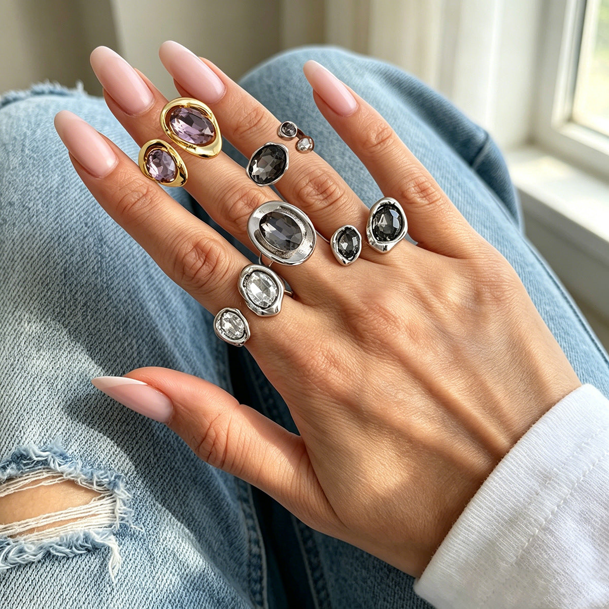 Planderful Zircon Ring Open Ring Pink Spice Girl Style For Bold Women Statement Hand Jewelry