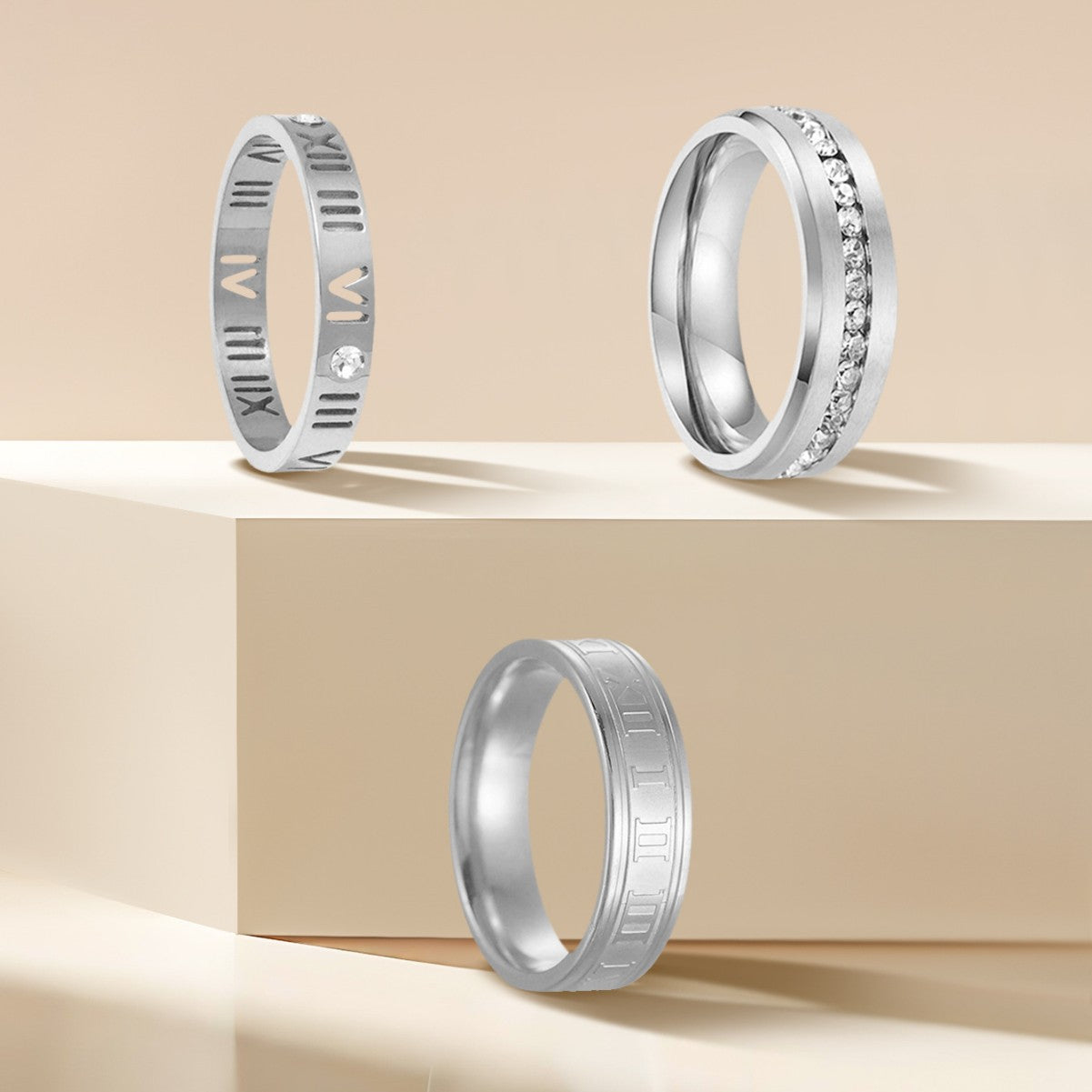 Planderful Titanium Steel Couple Ring Roman Numerals Zircon